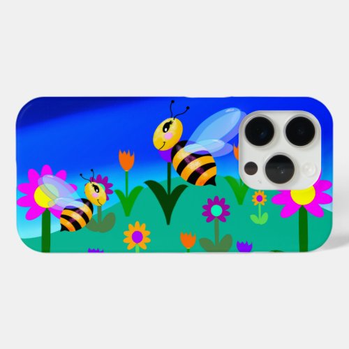 Happy bees in a flower field iPhone 15 pro case