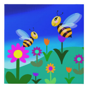 Happy bees in a flower field faux canvas print