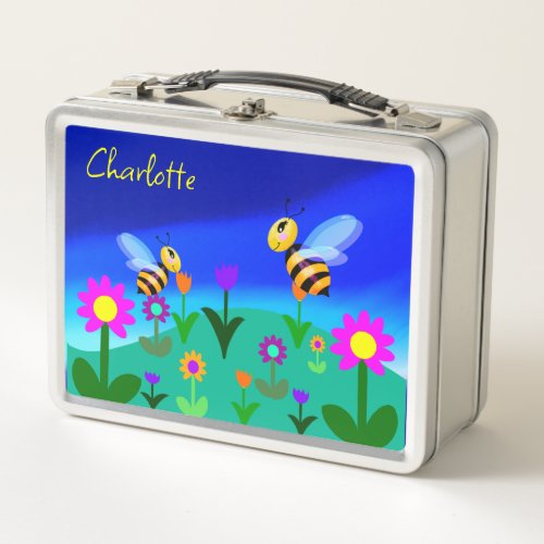 Happy bees in a flower field metal lunch box