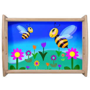 Happy bees in a flower field serving tray