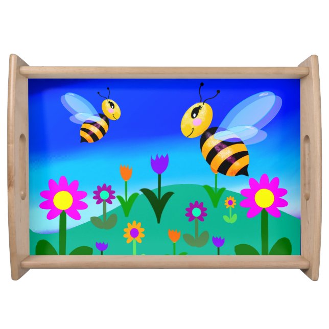 Happy bees in a flower field serving tray (Front)