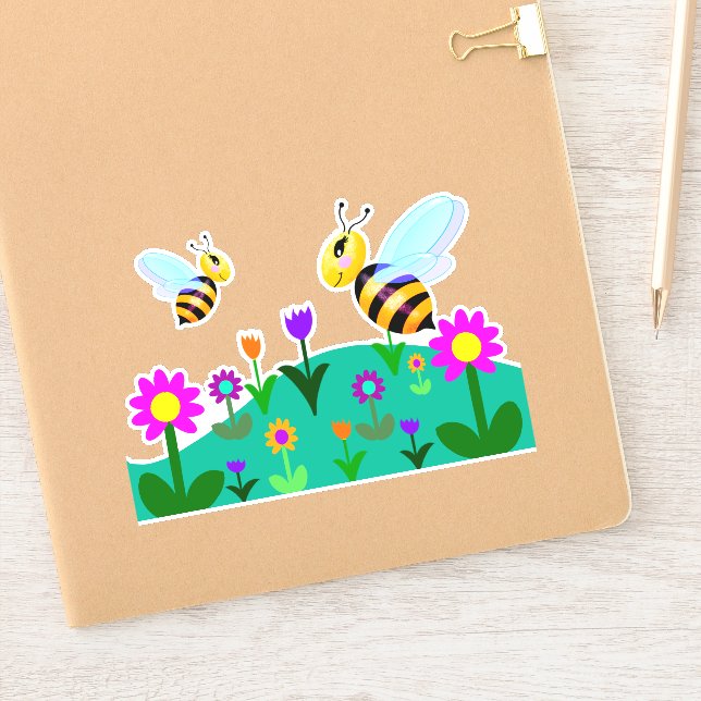 Happy bees in a flower field sticker (Notebook)