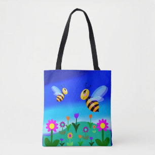 Happy bees in a flower field tote bag