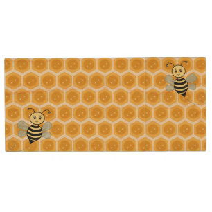 Happy bees on honeycomb design wood flash drive