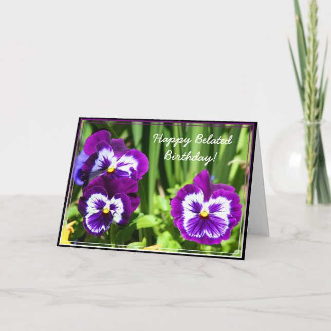 Happy Belated birthday Purple Pansies card (Front)