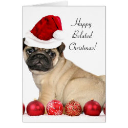 Happy Belated Christmas pug dog greeting card