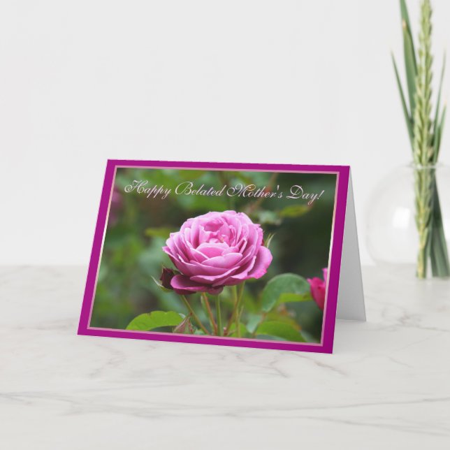 Happy Belated Mother's Day Pink Rose Greeting Card (Front)