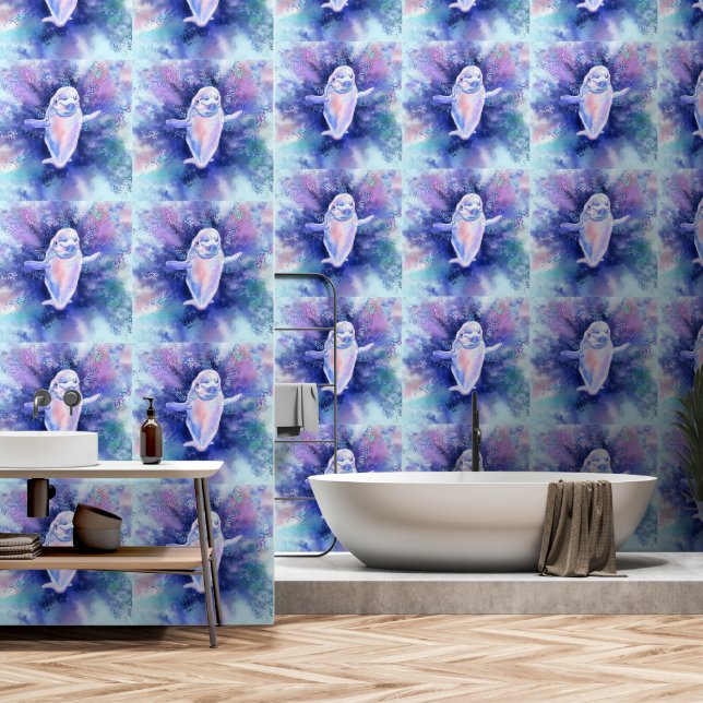 Happy Beluga Whale Swimming Wallpaper (Bathroom)