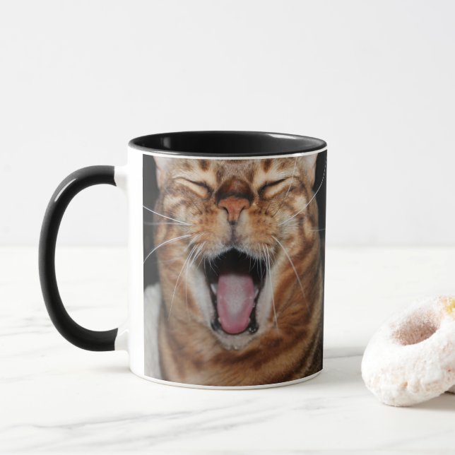 Happy Bengal Cat Photo Mug, Add Your Own Meme Mug (With Donut)