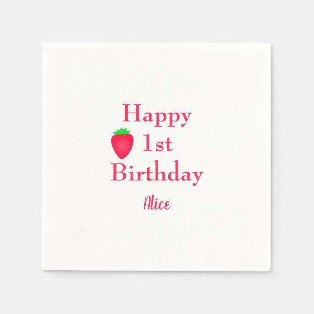 Happy Berry First Strawberry 1st Birthday 2024 Napkins (Front)