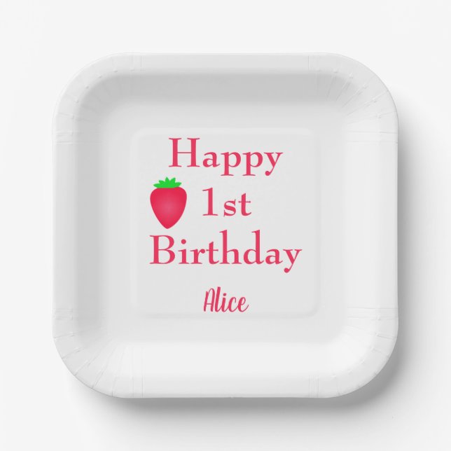 Happy Berry First Strawberry 1st Birthday 2024 Paper Plates (Front)