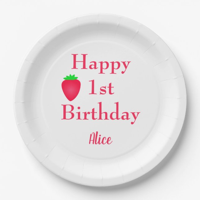 Happy Berry First Strawberry 1st Birthday Girly Paper Plates (Front)