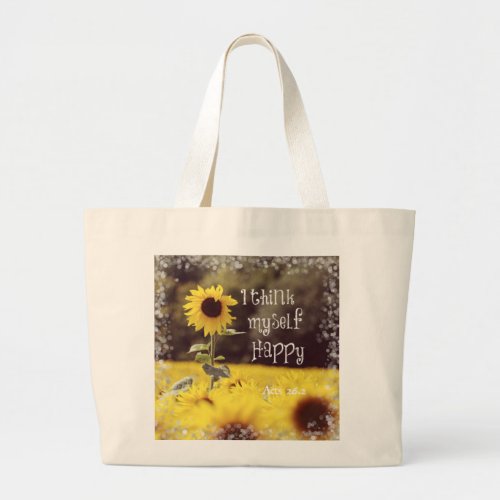 Happy Bible Verse with Sunflowers Large Tote Bag