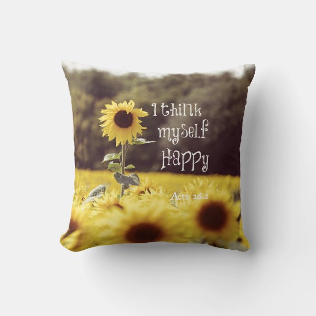 Happy Bible Verse with Sunflowers Throw Pillow (Front)