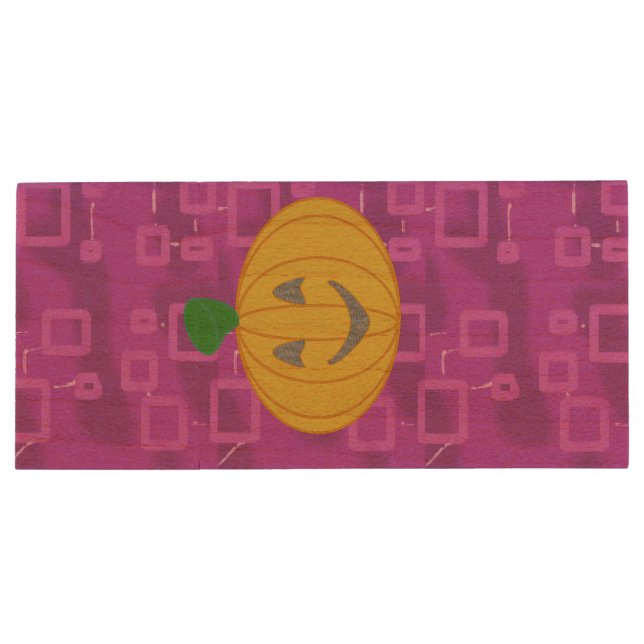 Happy Big Modern Orange Pumpkin Purple Geometric Wood Flash Drive (Back)