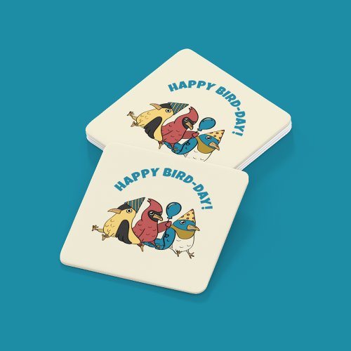 Happy Bird Day Cartoon Birds Themed Birthday Square Paper Coaster