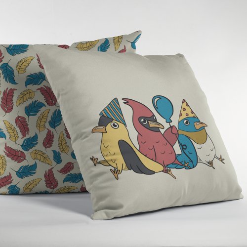 Happy Bird Day Cartoon Birds Themed Birthday Throw Pillow