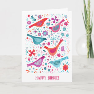 Happy Birdie Watercolor Bird & Flower Birthday Card