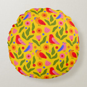 Happy Birds Flock Together Cheerful  Round Pillow
