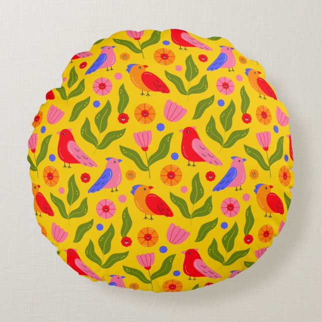 Happy Birds Flock Together Cheerful  Round Pillow (Front)