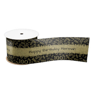 Happy Birthday 100 Number Pattern Black/Gold Satin Ribbon