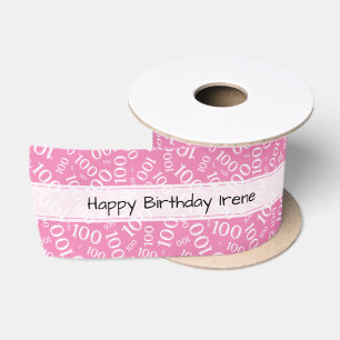 Happy Birthday 100 Number Pattern Pink/White Satin Ribbon
