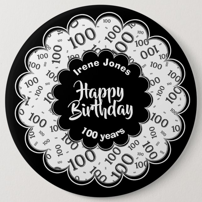 Happy Birthday, 100th Black/White Number Pattern Button (Front)