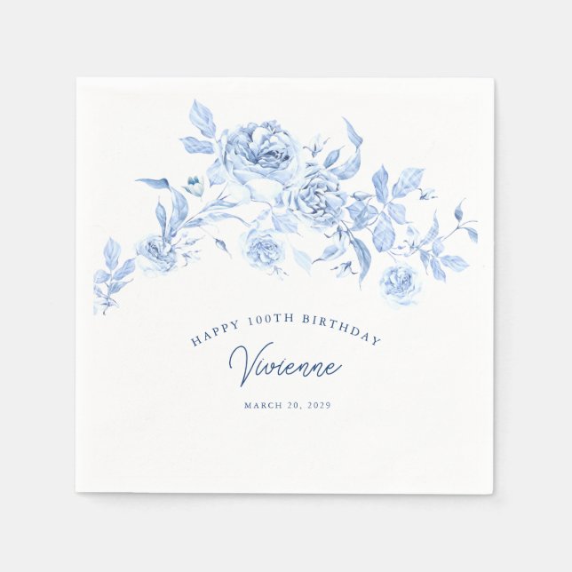 Happy Birthday 100th Blue Rose Floral Custom Napkins (Front)