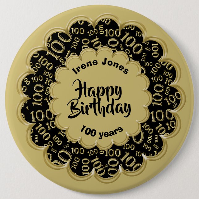 Happy Birthday, 100th Gold/Black Number Pattern Button (Front)