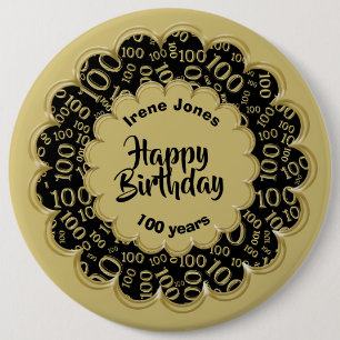 Happy Birthday, 100th Gold/Black Number Pattern Button