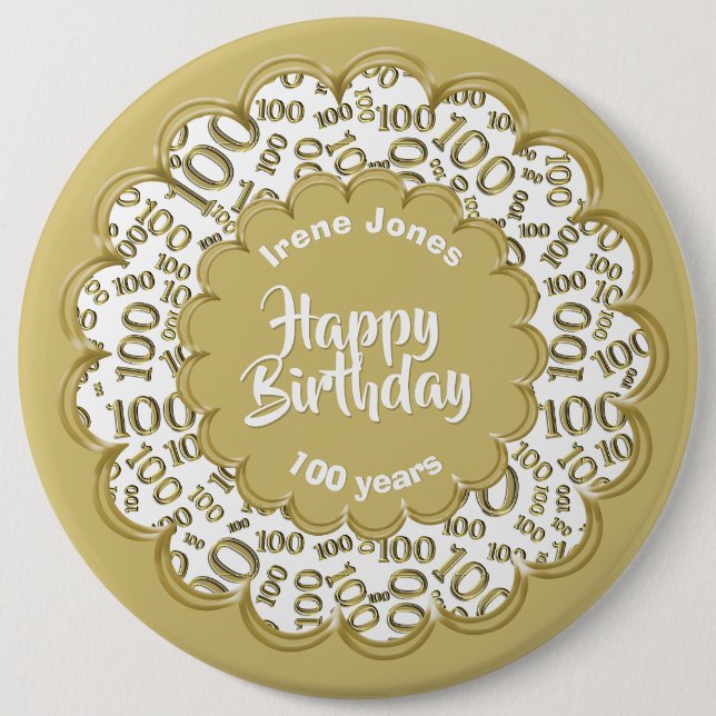 Happy Birthday, 100th Gold/White Number Pattern Button (Front)