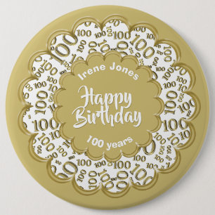 Happy Birthday, 100th Gold/White Number Pattern Button