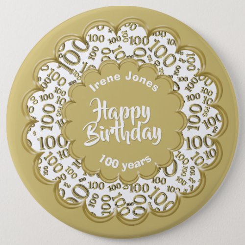 Happy Birthday 100th GoldWhite Number Pattern Button