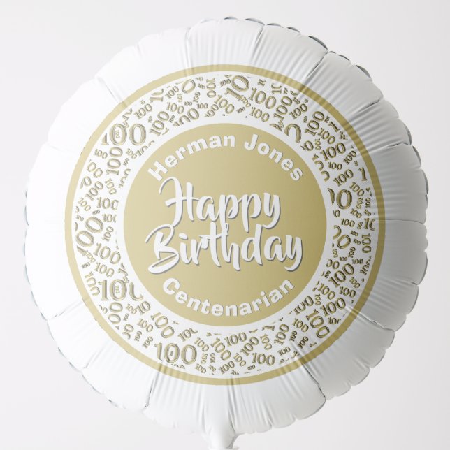 Happy Birthday, 100th Gold/White Party Pattern Balloon (Front)