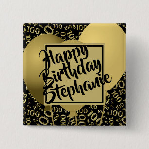 Happy Birthday 100th Number Pattern Black/Gold Button