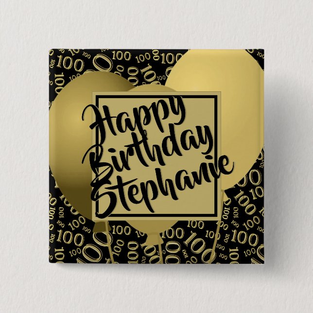 Happy Birthday 100th Number Pattern Black/Gold Button (Front)