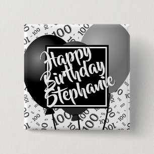 Happy Birthday 100th Number Pattern Black/White Button