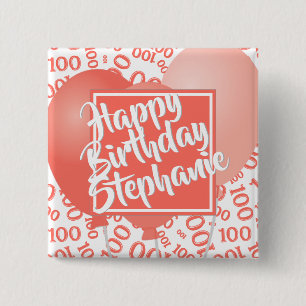 Happy Birthday 100th Number Pattern Coral/White Button