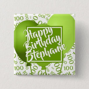 Happy Birthday 100th Number Pattern Green/White Button