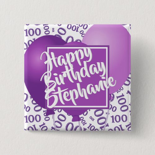 Happy Birthday 100th Number Pattern Purple/White Button