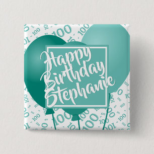 Happy Birthday 100th Number Pattern Teal/White Button