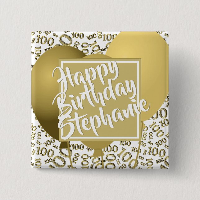 Happy Birthday -  100th Number Pattern White/Gold Button (Front)