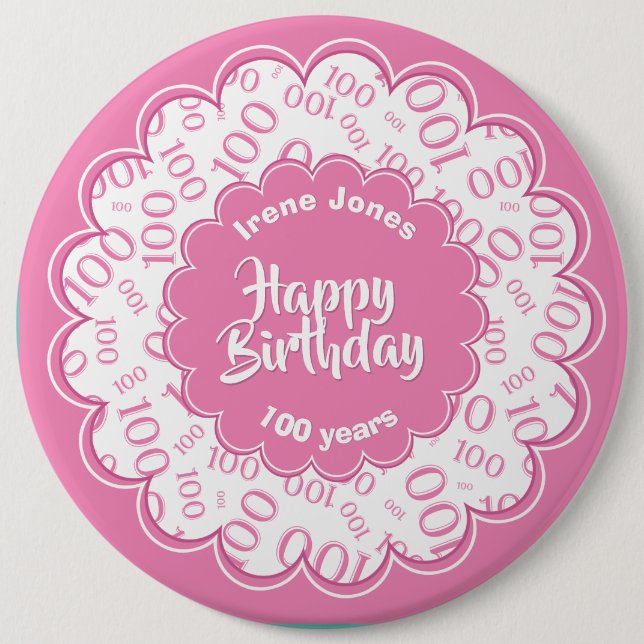 Happy Birthday, 100th Pink/White Number Pattern Button (Front)