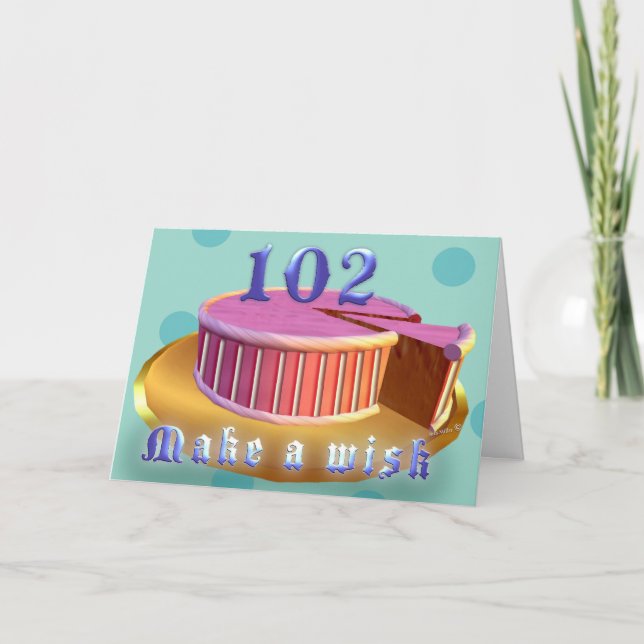 Happy Birthday 102 Pink Cake stripes Birthday Card (Front)