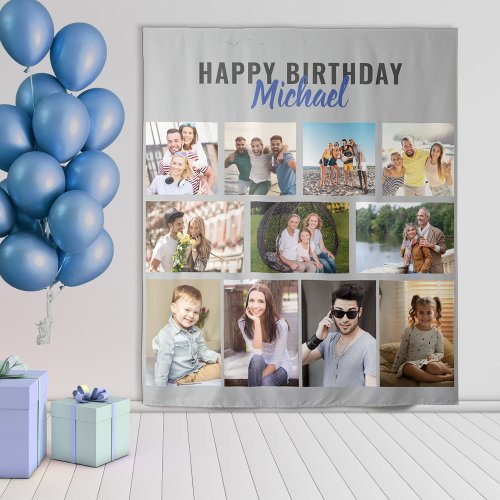 Happy Birthday 11 Photo Collage Personalized Tapestry