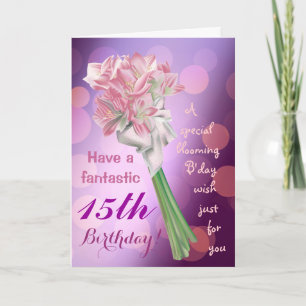 Happy Birthday ! - 15th pink flowers Greeting card
