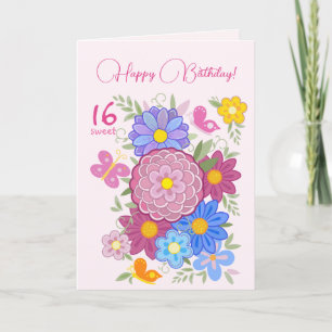 Happy Birthday! 16 Sweet Flowers and Birds Invitation