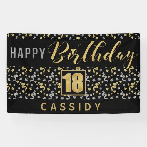 Happy Birthday 18 with Name Black and Gold Banner