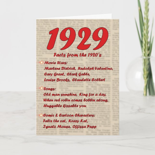Happy Birthday 1929 Year of Birth 20's 20s twentie Card (Front)