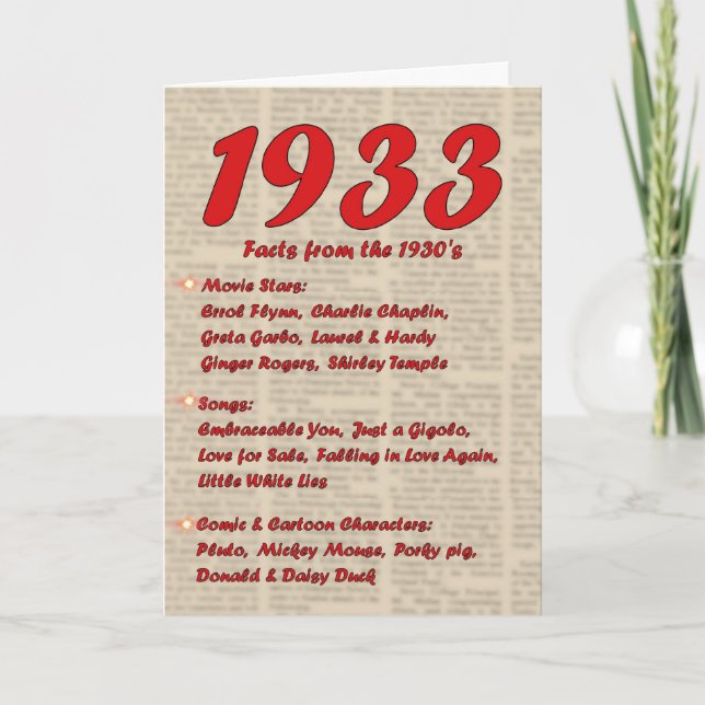 Happy Birthday 1933 Year of Birth 30's 30s thirtie Card (Front)